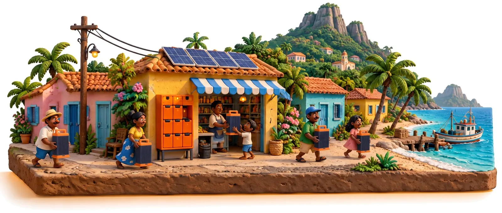 Diorama de plastilina de una comunidad caribeña con un abasto que tiene el locker de baterías meru