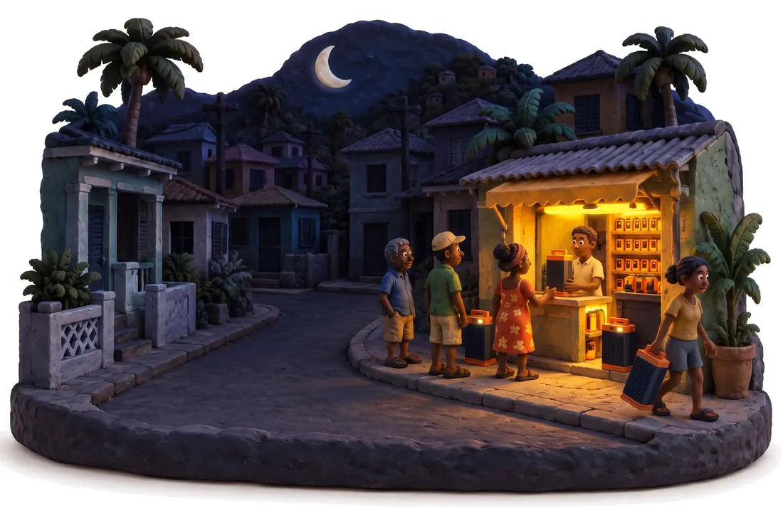 Escena de plastilina de noche: una calle a oscuras durante un apagón y solo el abasto con el hub de meru iluminado; los vecinos se acercan y una niña se lleva una batería