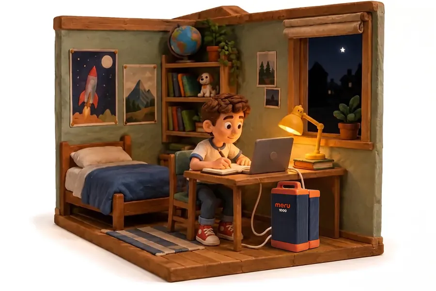 Escena de plastilina de un niño que estudia de noche en su cuarto, con la laptop y la lámpara conectadas al set meru 1000: la batería con el inversor acoplado atrás